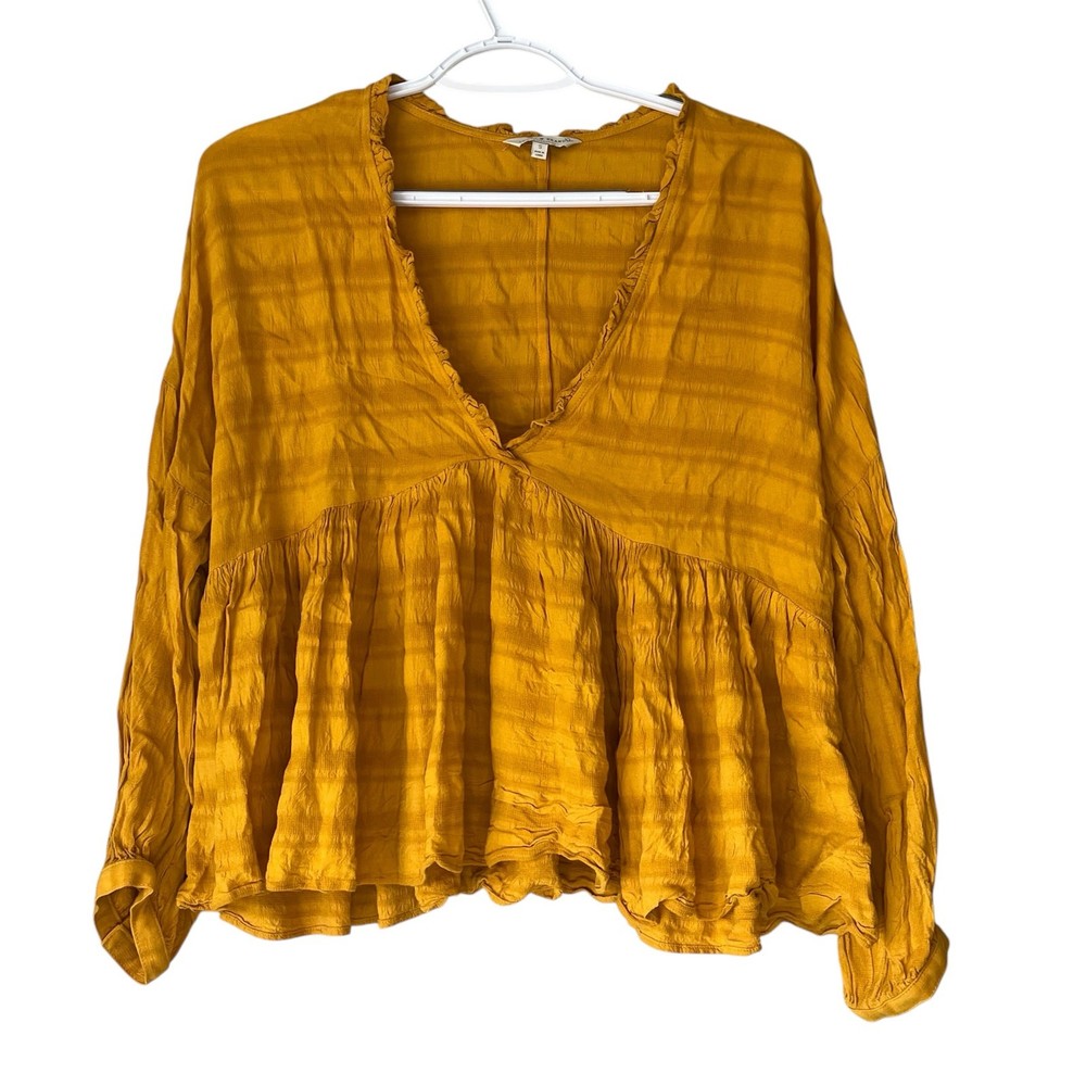Lucky Brand V-Neck 1/2 Sleeve Cropped Mustard Yellow Top Size Small