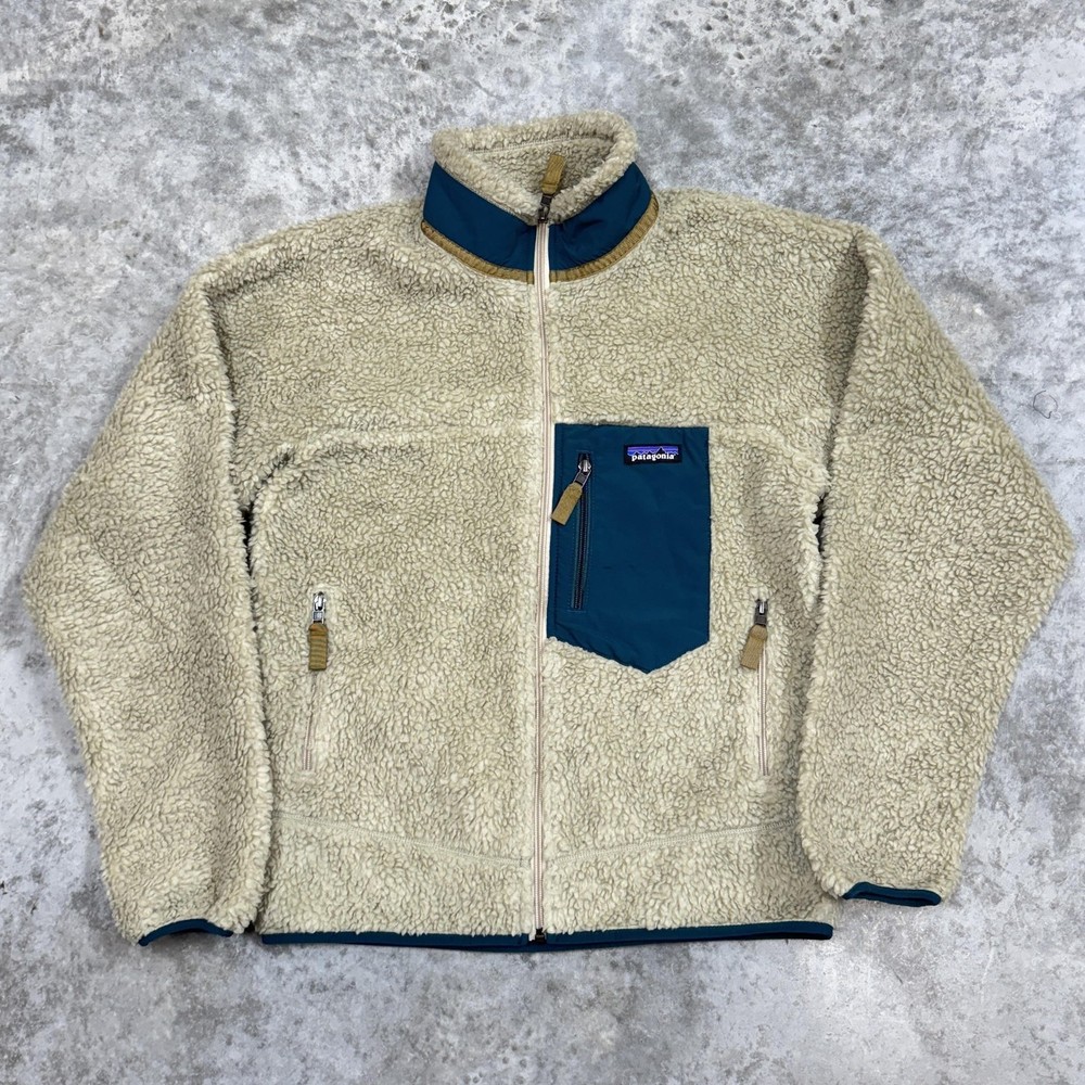 Patagonia Jacket Mens Small Beige Blue Retro X Sherpa deep pile fleece zip