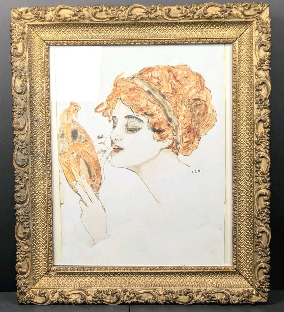 Antique Frame W/ Signed 1975 Watercolor Portrait Woman Art Nouveau Style 16