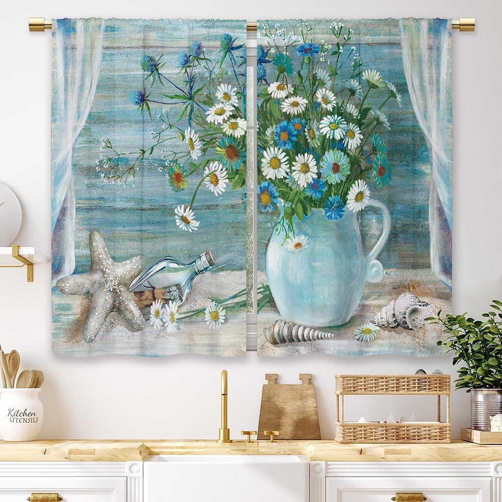 Blue Daisy Flower Kitchen Curtains Floral Beach Coastal Small Short Cafe Window