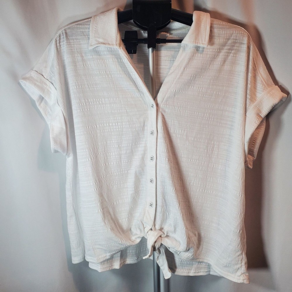 Jane + Delancey Women's XL White Button-Up Shirt With Tie Front Coastal Beachy