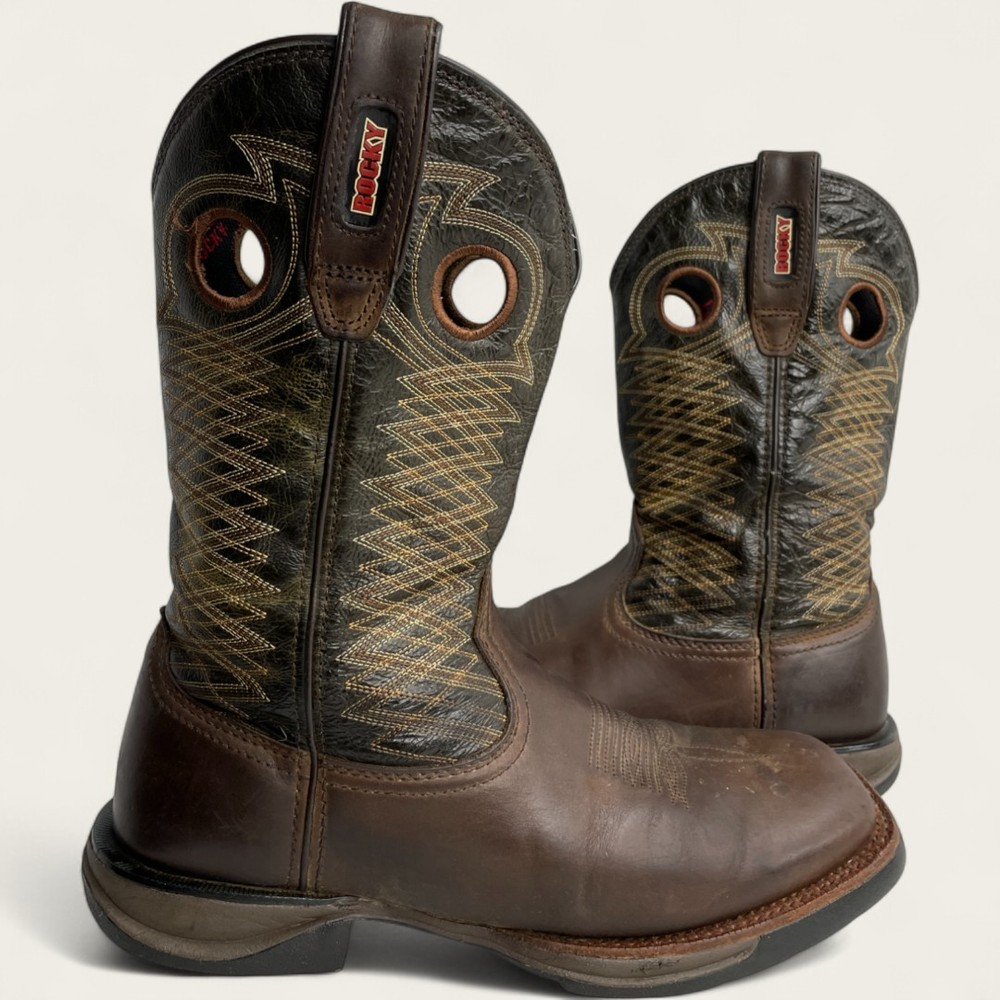Rocky RKW0138 Mens Brown Leather Western Cowboy Work Boots Square Toe Size 8.5 M