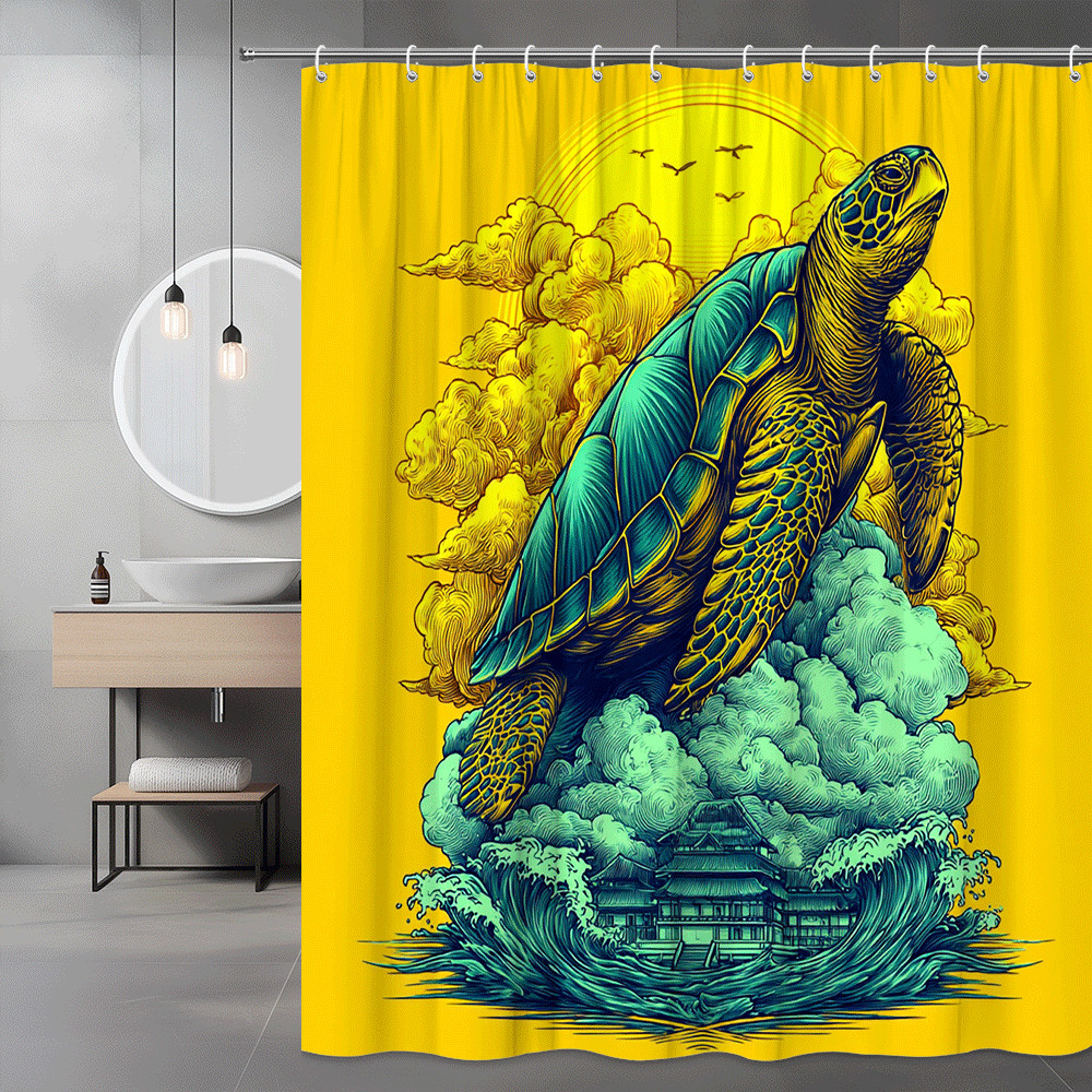 Sea Turtle Shower Curtain Yellow Ocean Graphic Print