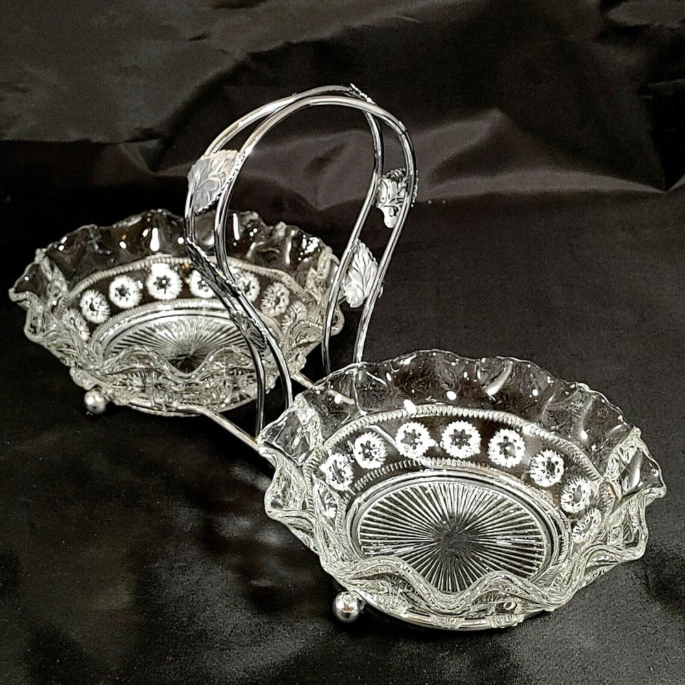 Vintage Double Bowl Chrome Condiment Tray with Ornate EAPG Design R1