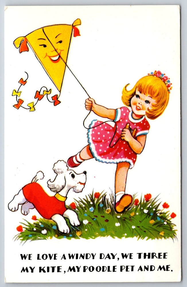 Comic~We Love A Windy Day~Girl W/ Poodle Dog & Kite~PM 1994~Vintage Postcard