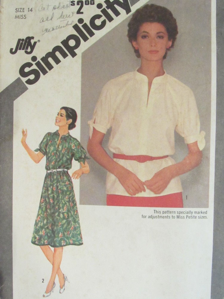 VTG 80 SIMPLICITY 9872 Misses & Petites Pullover Dress or Top PATTERN 14/36B