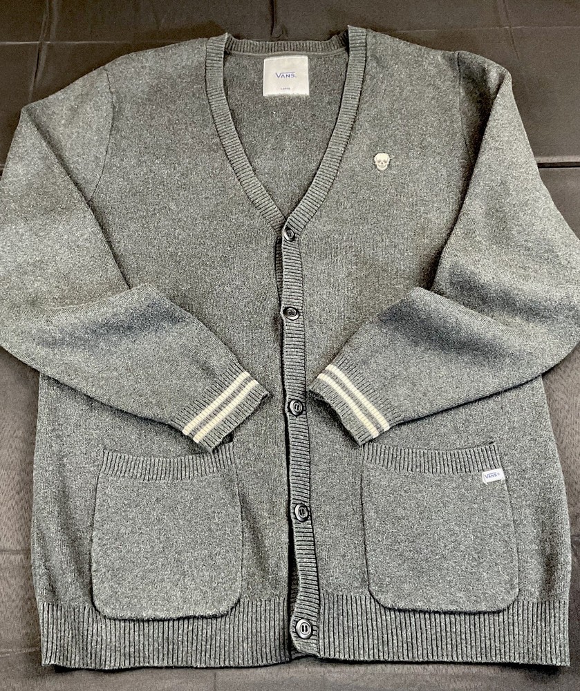 VANS Skull Patch Button Front Cardigan Sweater Men’s Size Large Charcoal Pockets  