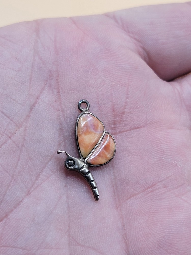 925 Sterling Silver Butterfly Inlaid Orange Spiny Oyster Shell