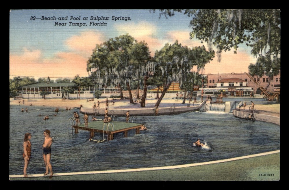 Beach And Pool At Sulphur Springs Near Tampa Florida FL Unp Postcard Linen