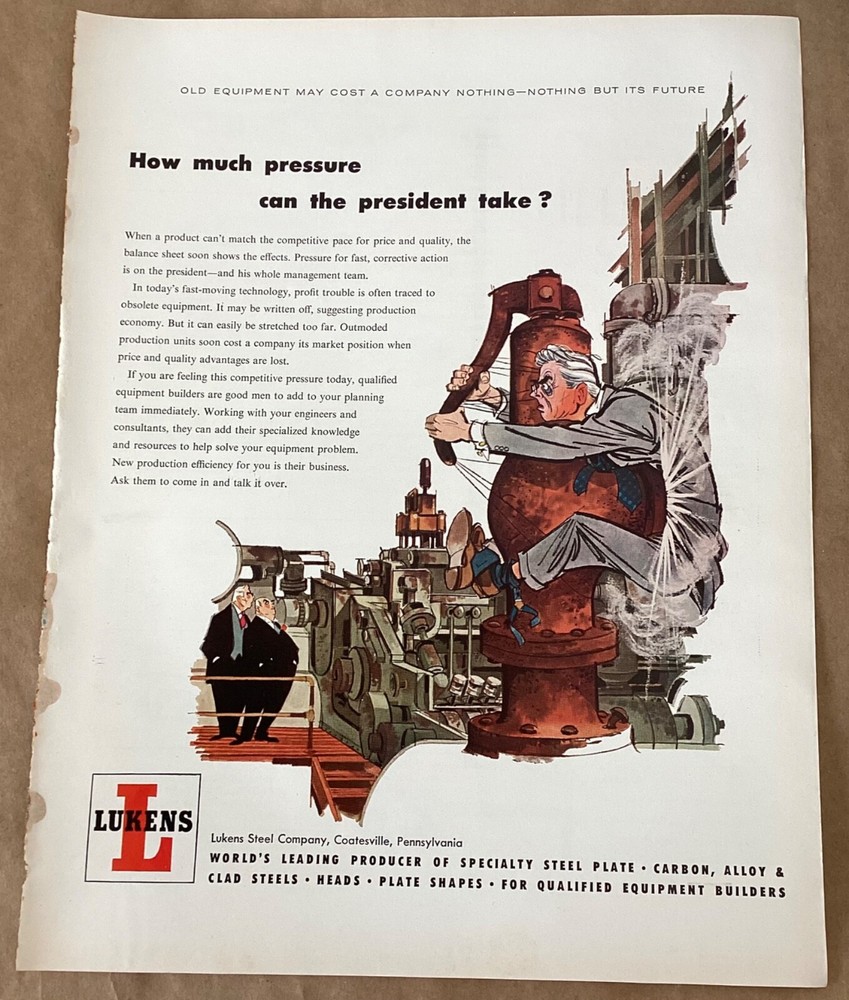 Lukens Steel print ad 1955 vintage 1950s art illustration industry Coatesville
