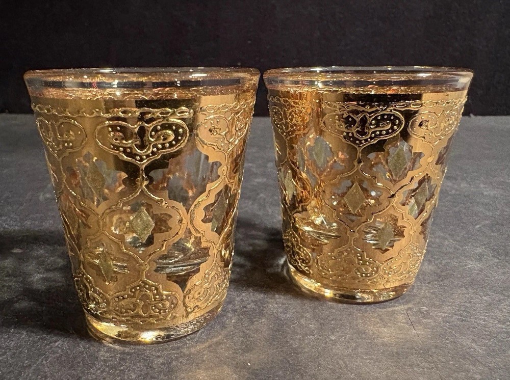 PAIR Lot 2 Vintage MCM Valencia Green 22K Gold Shot  Glasses