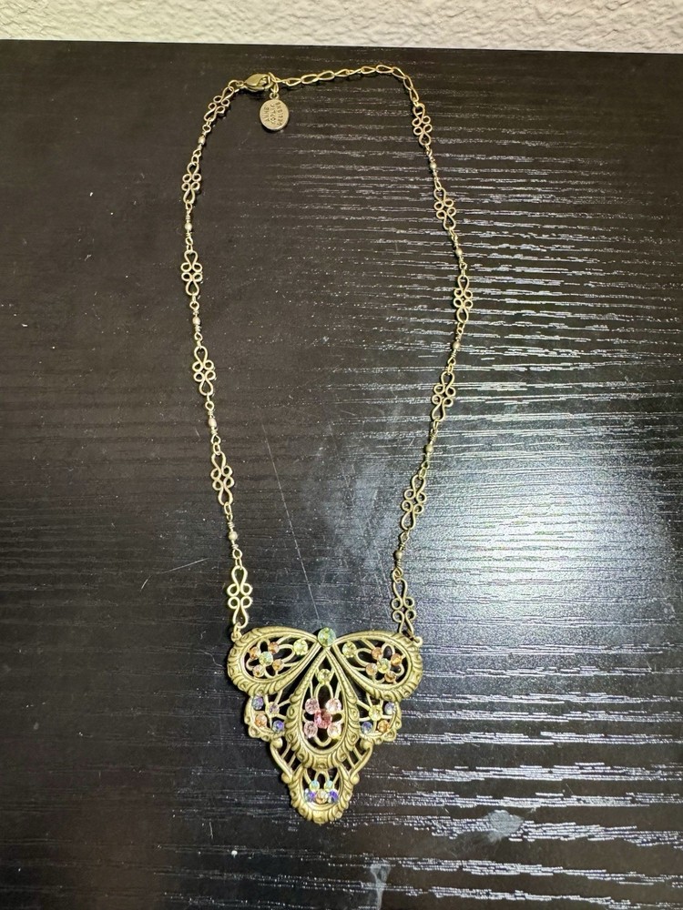 Anne Koplik Designs Vintage-Style Rhinestone Necklace Antiqued Silver Filigree