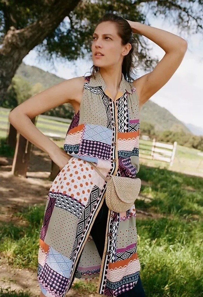Vestido Camisa Anthropologie 0/XS Everyway Patchwork Boho Botón Delantero Abuela-image