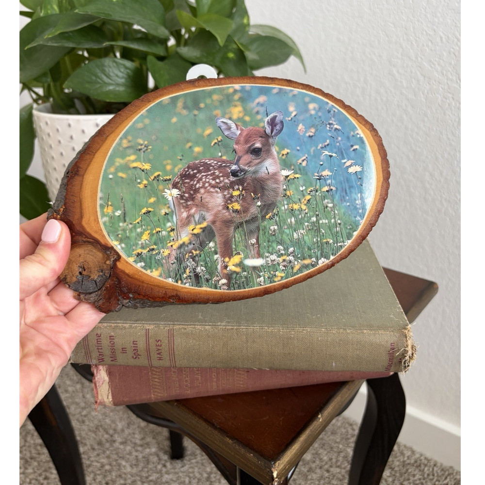 Rustic Oval Wood Slice Deer Fawn Nature Print Plaque Wall Hanging Decor