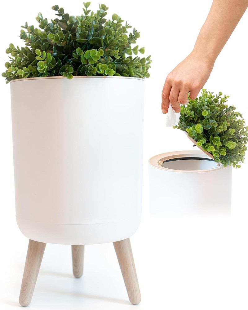 Earth & Mango Small Bathroom Trash Can with Lid, Garbage White