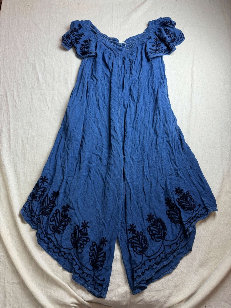 Seven Islands Jumpsuit Womens 2X Plus Blue Embroidered Boho Wide Leg Festival