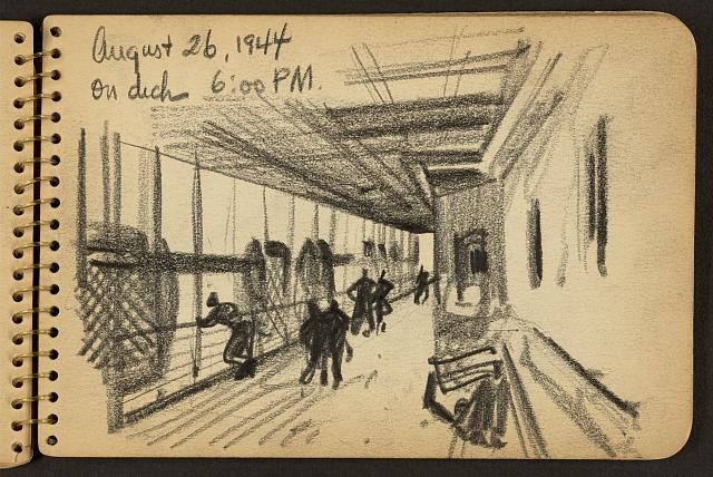 On deck,6:00 pm,soldiers,New York Harbor,ship,travel,Europe,Victor A Lundy,1944