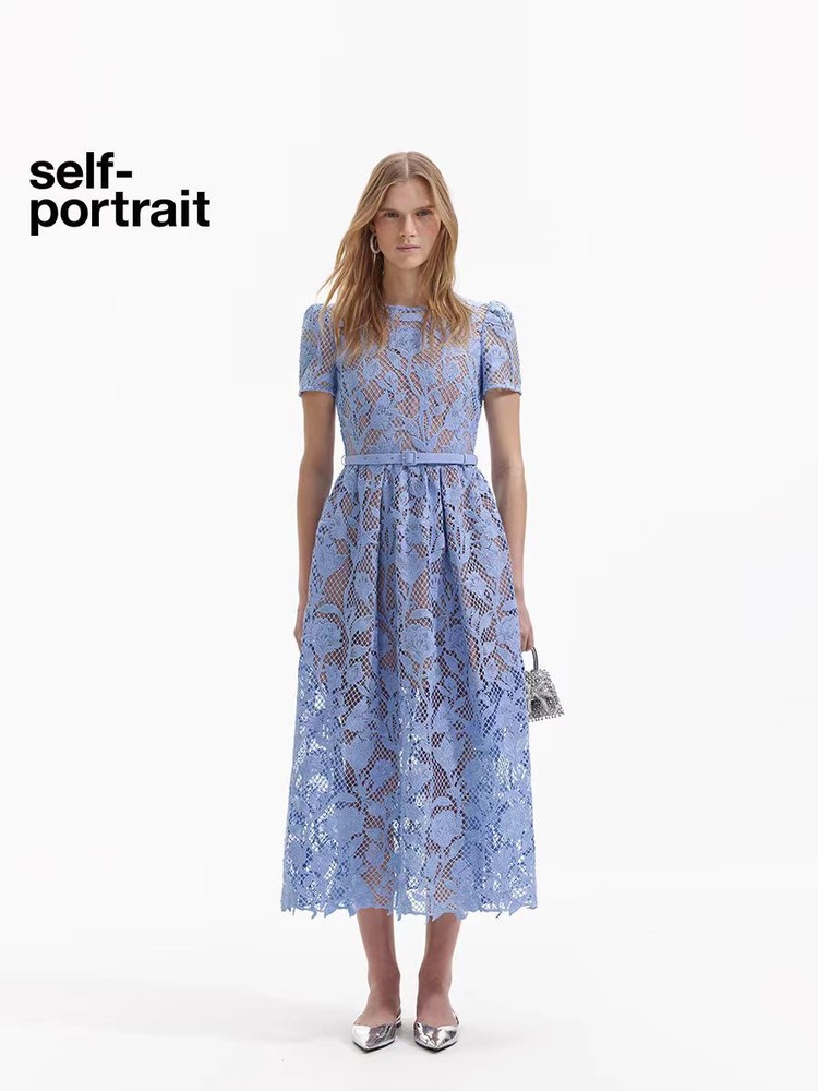 Self-Portrait Lace Midi Dress Round Neck A-line Dress for Ladies