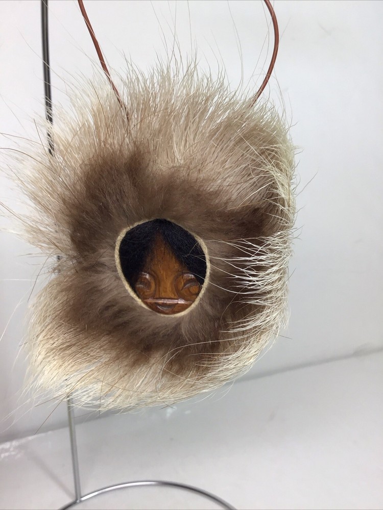 Vtg. Alaska Carved Wood Eskimo Mask Beaver Fur Trim Christmas Ornament Signed