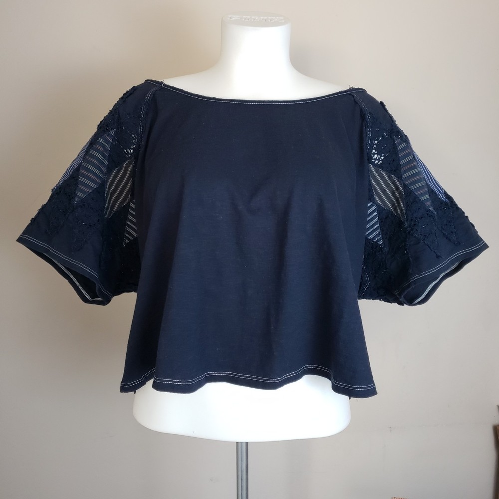 Free people Patchwork Sleeve Crop Top S Women Casual Round Neck Blouse Navy Boho