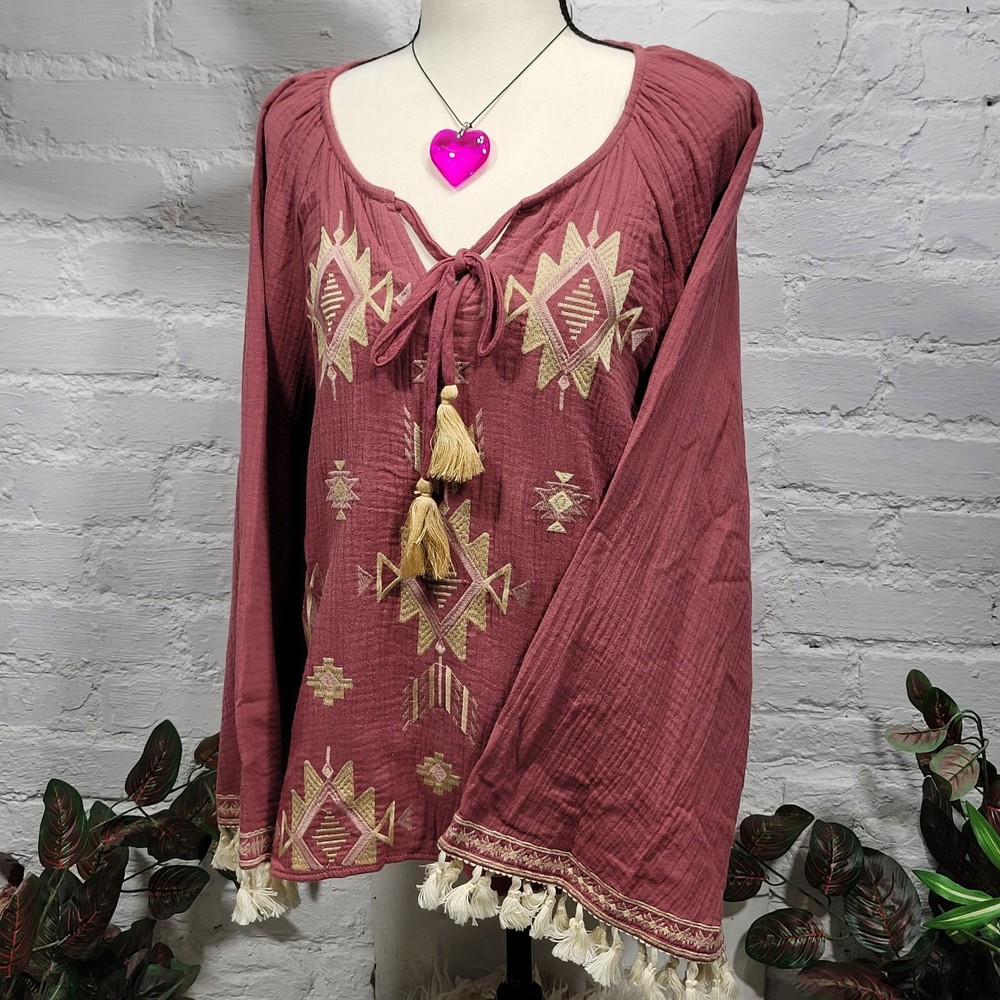 Savanna Jane Blouse Women’s Large Neutral Embroidered Southwest Hippie Flared