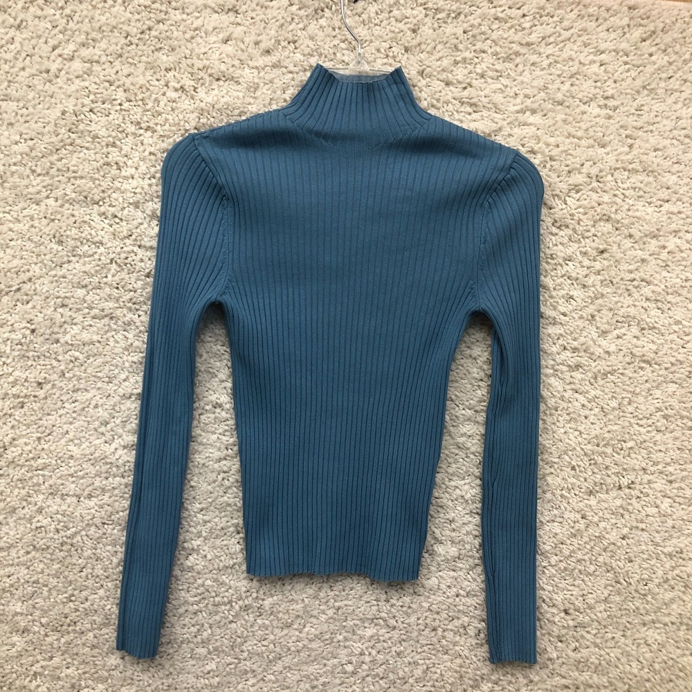 Zara Sweater Shirt Medium Blue Ribbed Knit Mock Neck Long Sleeve Top Stretch M