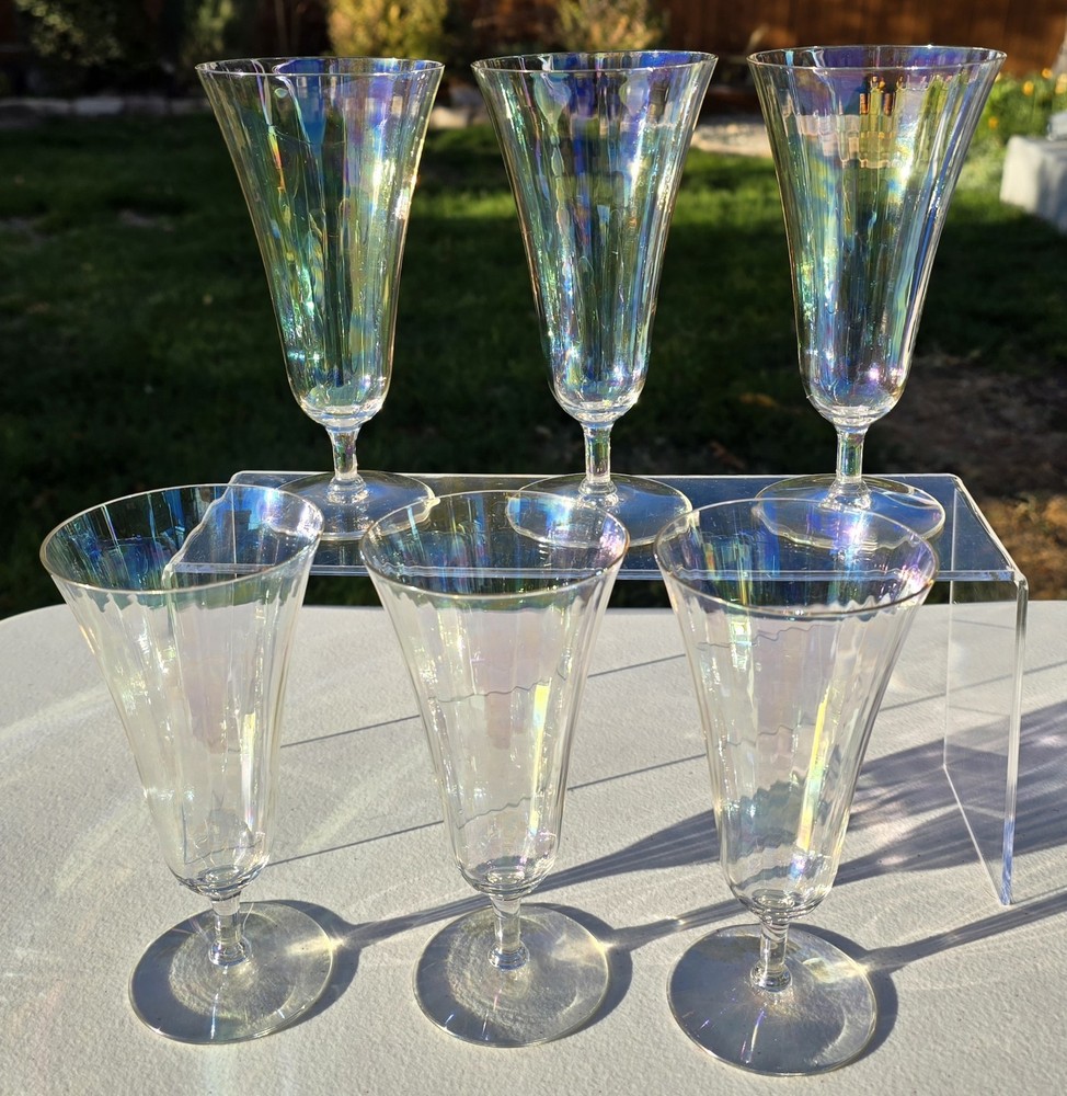 Vtg Glasses Champagne Flute Set of 6 Iridescent Tulip Depression Carnival MCM