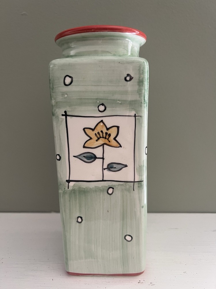 Hand Painted Art Pottery Vase Tall Square Whimsical Floral Green Red Rim Ceramic