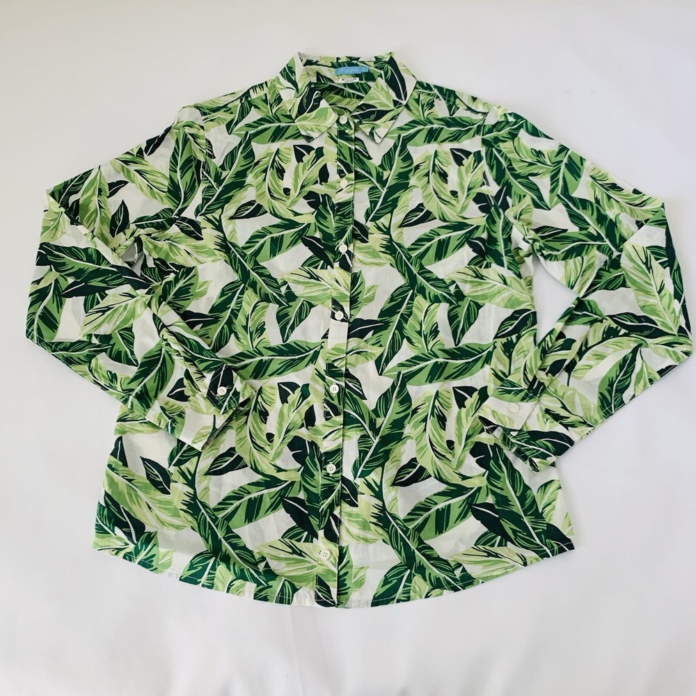 J McLaughlin Lois Shirt Women Green Palm Tropical Leaf Vacation Beach Resort