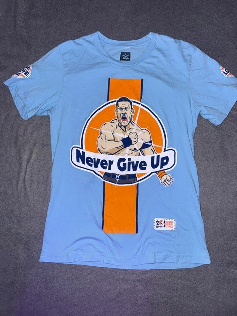 WWE John Cena Never Give Up T‑Shirt Men’s Medium Blue Authentic Hustle Loyalty