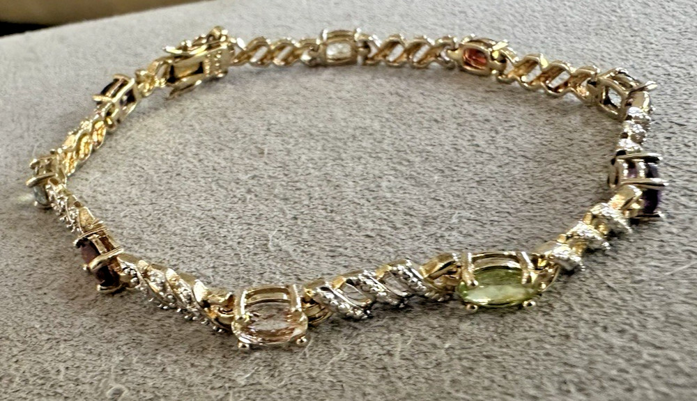 Sterling Silver Gold Multi Gemstone Tennis Bracelet 7.25