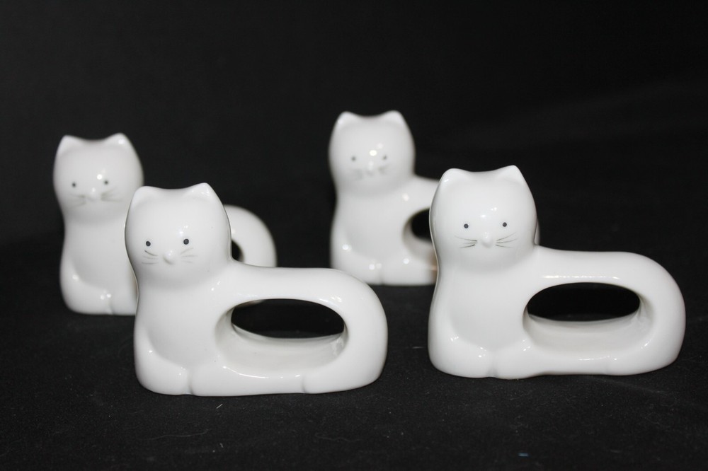 Cat White Kitten Napkin Rings White Porcelain Set Of 4 Animals