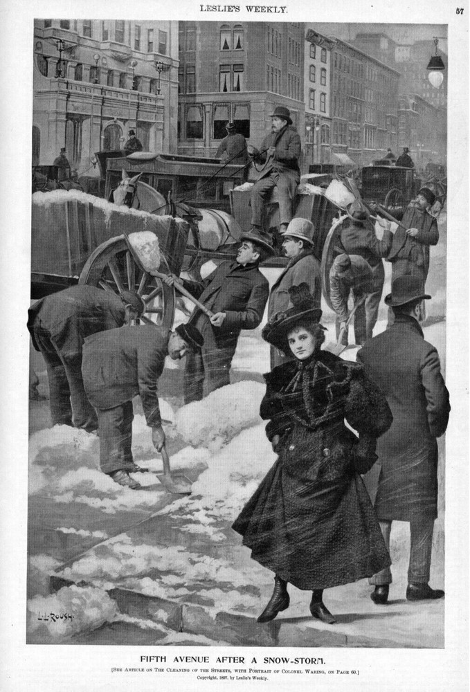 NEW YORK FIFTH AVENUE AFTER A SNOWSTORM 1897 MEN SHOVELLING CLEANING THE STREETS