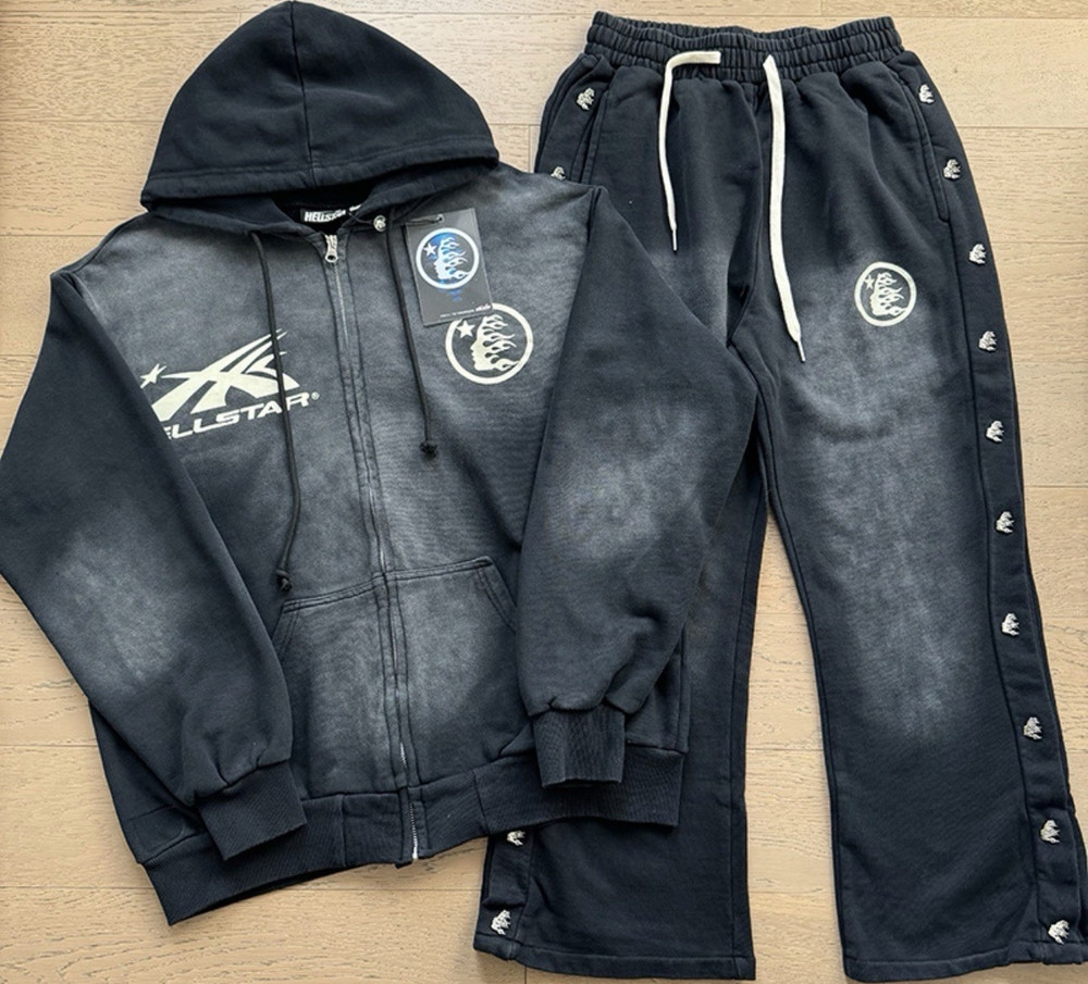 Hellstar Men's Black Gray Hoodie & Pants Tracksuit Set, 100% Cotton, Size M