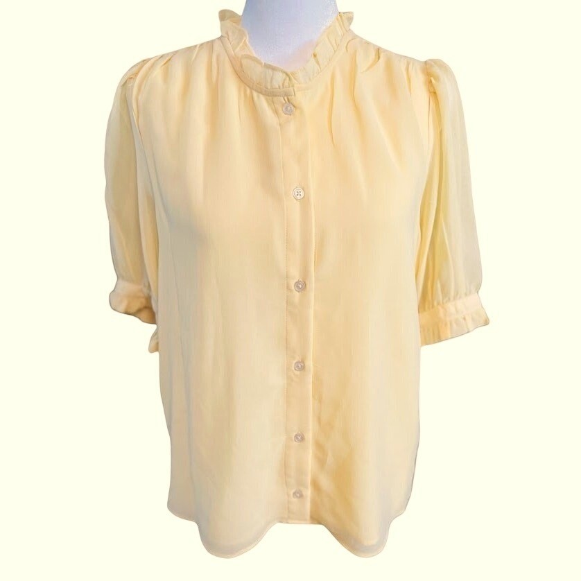 1.STATE Blouse Womens Medium Yellow New Ruffle Neck Puff Sleeve Button Up