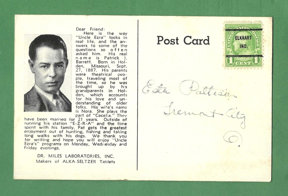 Elkhart, WV, ca 1930 illus ad ALKA - SELTZER by Miles Lab, card with Pre Cancel