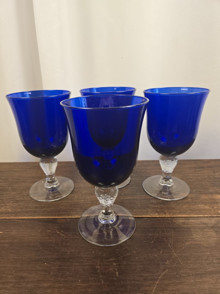 Set Of 4 Libbey Martello Cobalt Blue W/Clear Stems 16oz Water Goblets Glassware