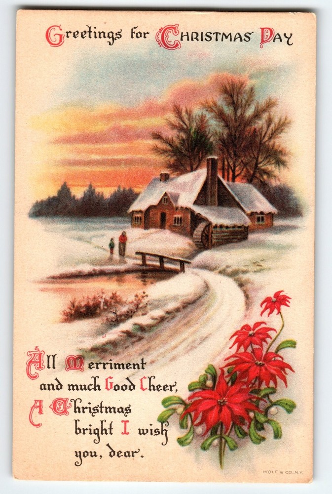 Vintage Christmas Day Snowy Cottage Winter Scene Postcard Wolf & Co.