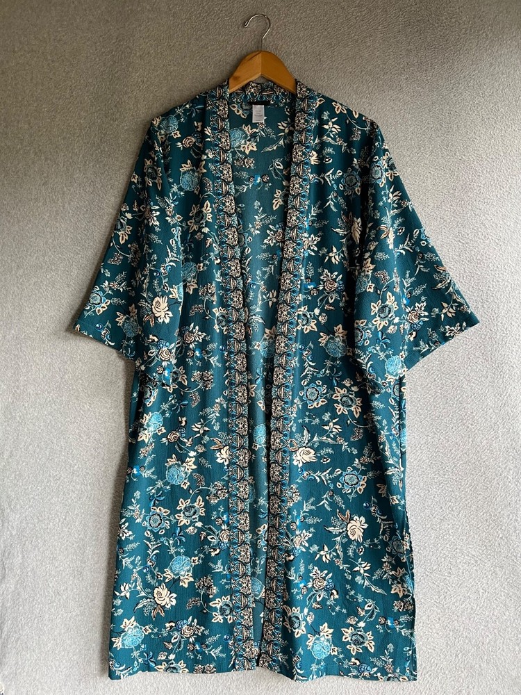 J Jill Kimono Sleeve Duster Womens One Size Beautiful Floral Artful Vines Boho