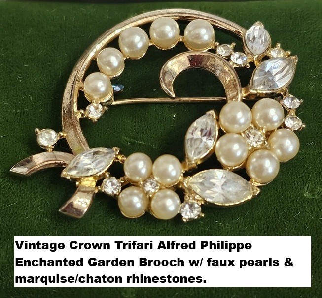 Vintage Crown TRIFARI Alfred Philippe ENCHANTED GARDEN Pearl Brooch Pat Pend