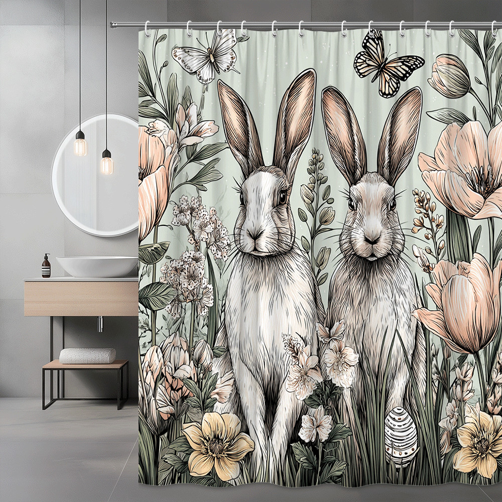 Bunny Floral Shower Curtain, Rabbit Garden Print, Pastel Spring Decor