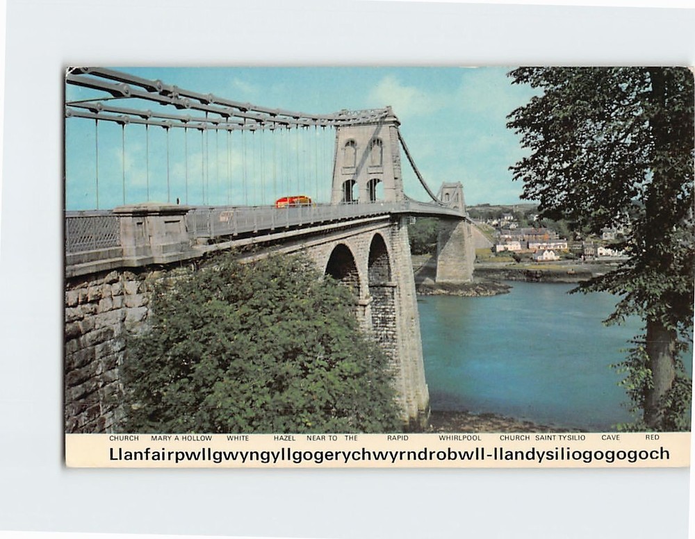 Postcard Menai Suspension Bridge Llanfairpwllgwyngyll Wales