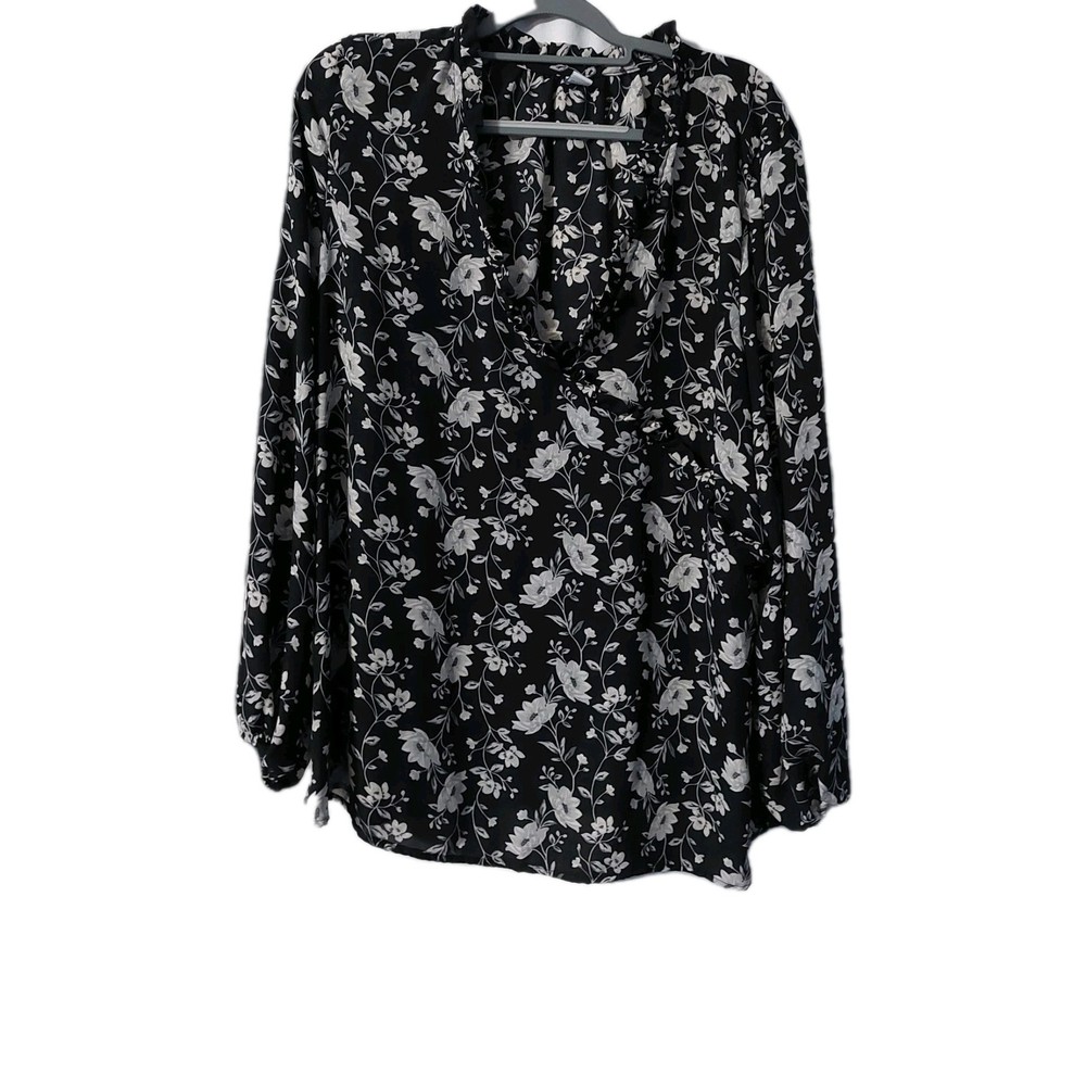 Old Navy Womens Shirt Size XXL Tall Black White Floral Ruffle V Neck Long Sleeve