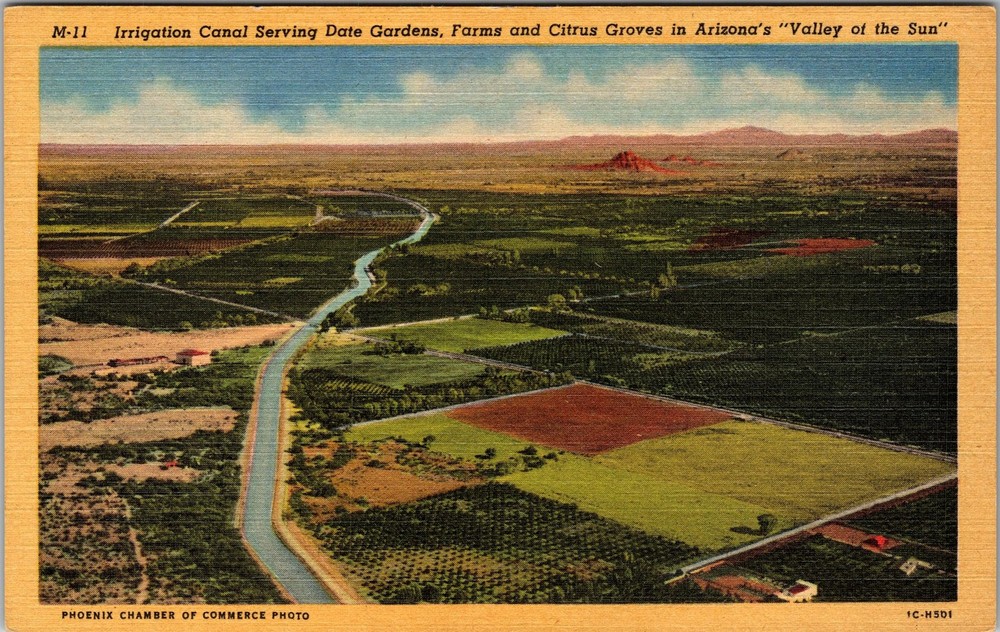 AZ-Arizona, Aerial Irrigation Canal, Date Gardens, Vintage Postcard