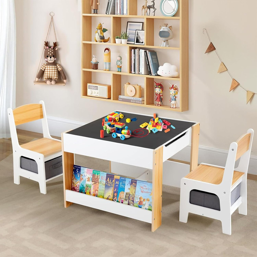 Kids Table and Chair Set,4 in 1 Toddler Desk with Storage Drawer,Wooden Activity