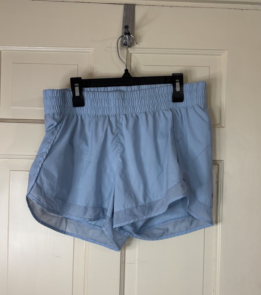 Athleta High Rise Mesh Racer Run  Shorts Sz Small  4” Reflective Blue Pockets
