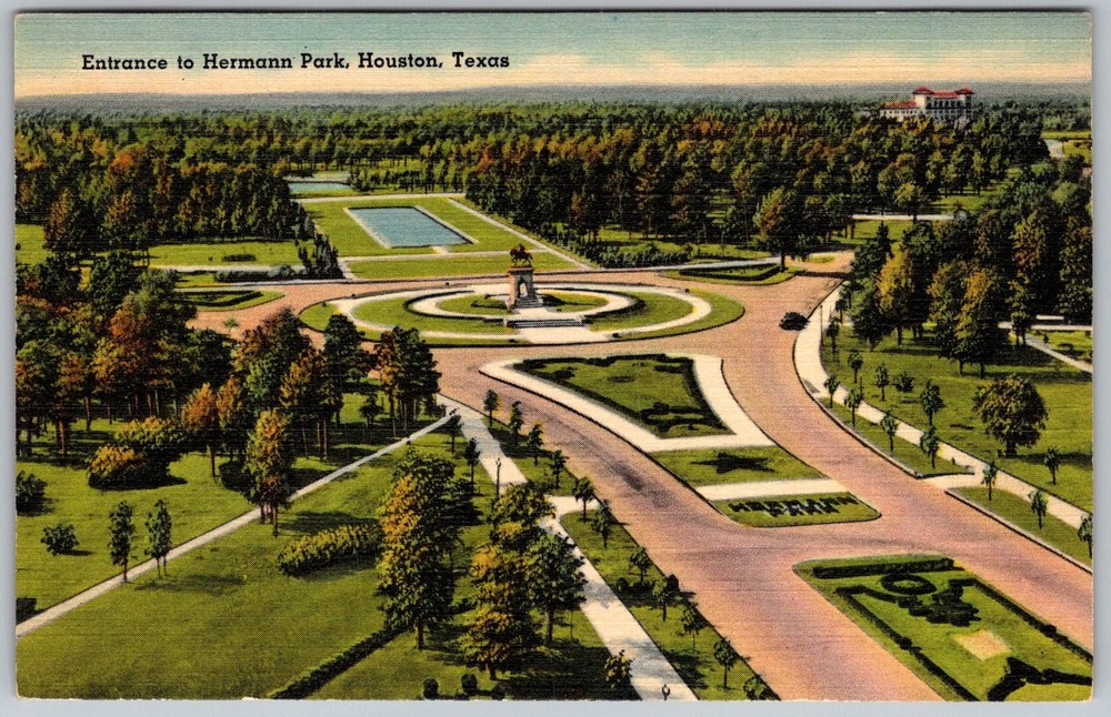 Vtg Linen Postcard Hermann Park Entrance Houston, TX 1930s