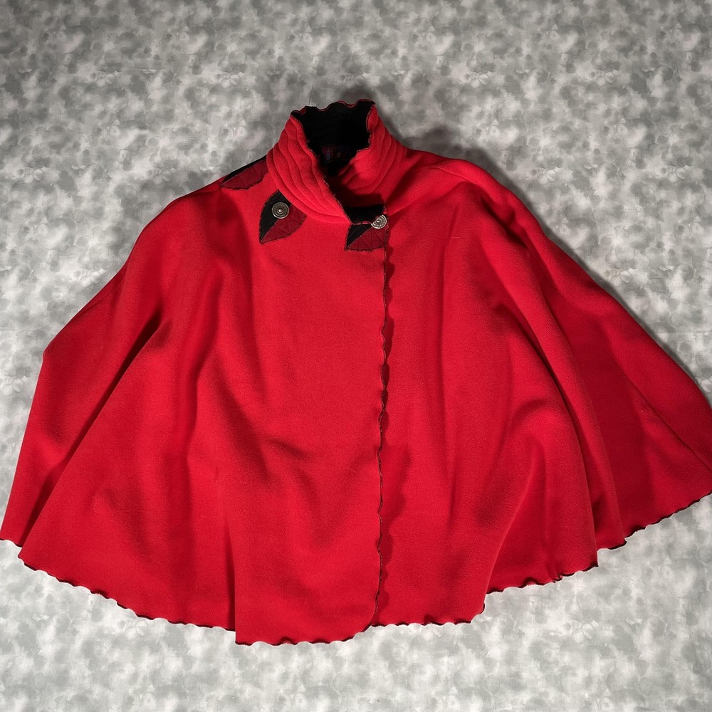 Red Rover Cape Womens One Size Red Polartec Fleece Funnel Neck Scalloped Poncho