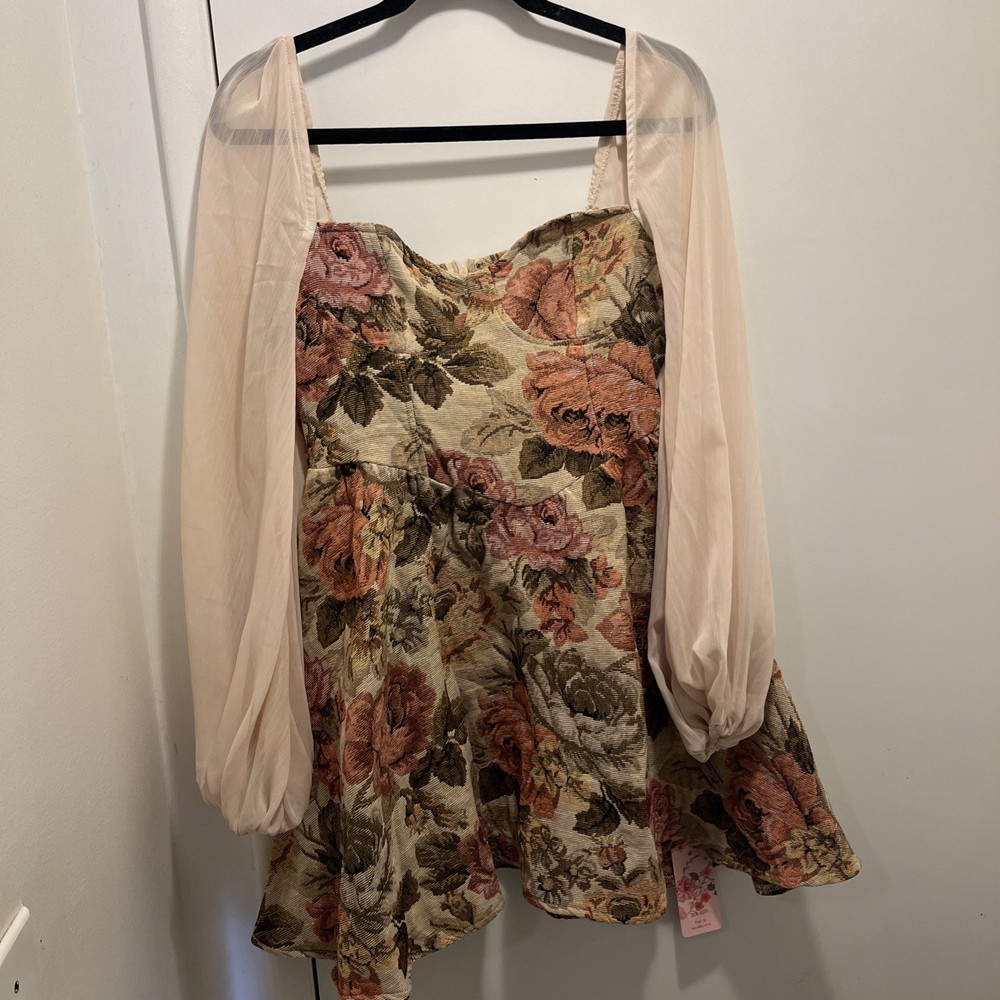 Romantic Floral Tapestry Mini Dress Puff Sheer Sleeves Cottagecore Vintage Style