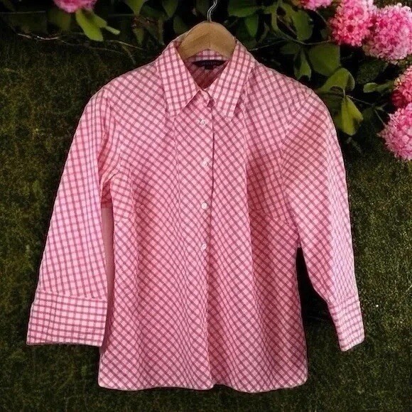 Pink Gingham Button-Up Blouse Petite Size 10P by Lands’ End